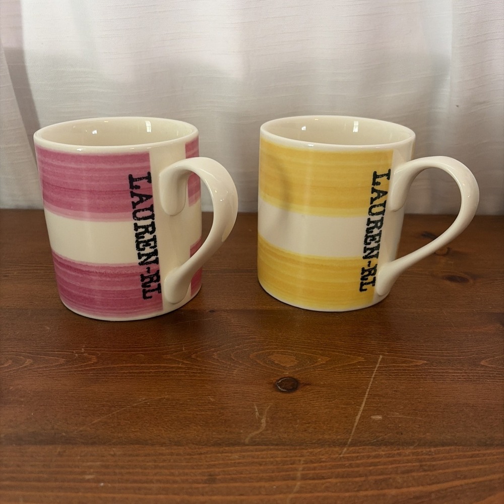 2 Vintage Maritime Stripe Mugs by Ralph Lauren 1 Yellow 1 Pink